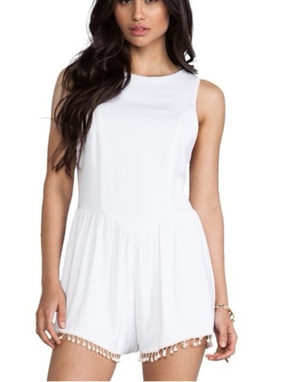 For Love & Lemons White Pom-Pom Trim Sleeveless Romper